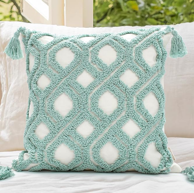 Boho Pillow Covers 18X18 Inch Boho Tufted Throw Pillow Covers Decorative Tassels Cushion Cover Farmhouse Pillow Case for Couch Sofa Bed Living Room Bedroom, Aqua Green - color: Boho Aqua, size: 18" x 18" (Pack of 1)
