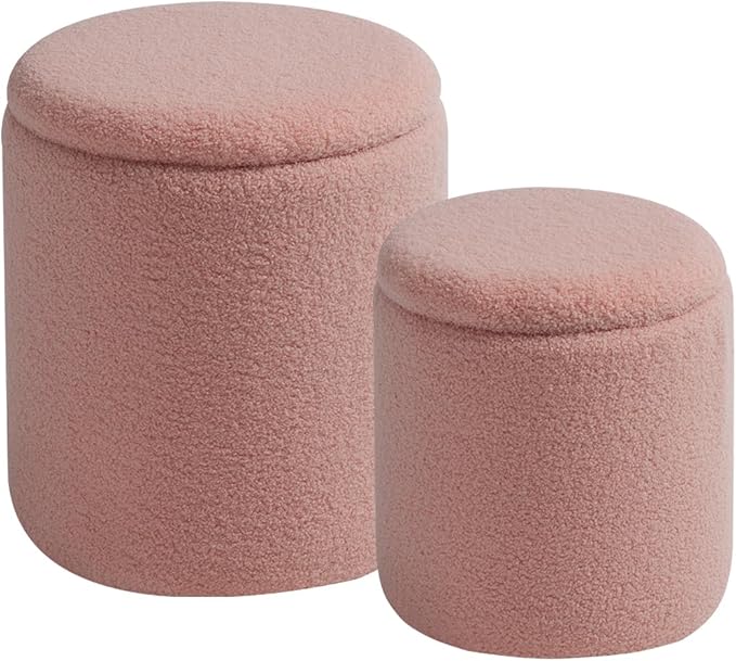 Round Ottoman with Storage Set of 2 - Upholstered Sherpa Vanity Stool for Makeup Multifunctional Ottomans Coffee Table Padded Seat Foot Rest for Living Room & Bedroom (Sherpa Pink)