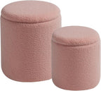 Round Ottoman with Storage Set of 2 - Upholstered Sherpa Vanity Stool for Makeup Multifunctional Ottomans Coffee Table Padded Seat Foot Rest for Living Room & Bedroom (Sherpa Pink)