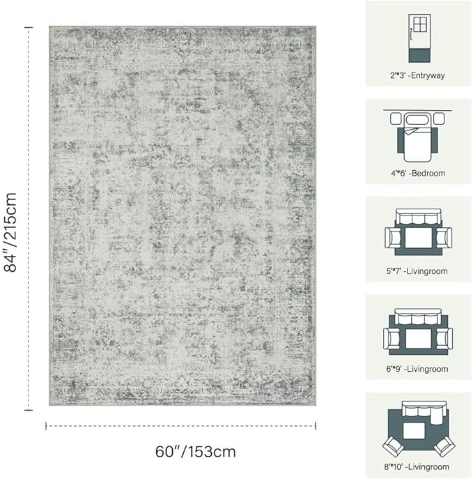 5x7 Area Rugs for Living Room Bedroom, Grey Washable Rug, Vintage Abstract Boho Rug, Non Slip & Low Pile Faux Wool Carpet for Indoor Dining Room and Farmhouse(Grey 5x7ft)
