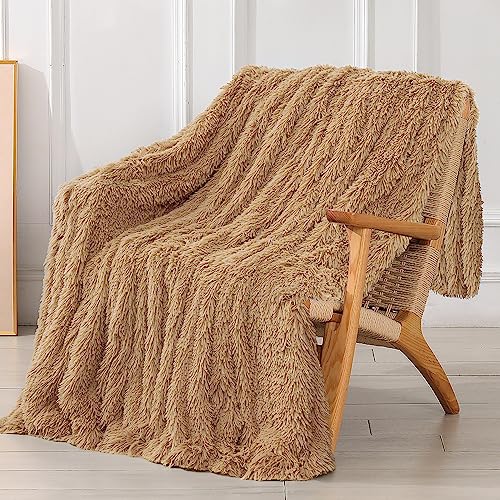 Tuddrom Decorative Extra Soft Faux Fur Throw Blanket 50" x 60",Solid Reversible Fuzzy Long Hair Shaggy Blanket,Fluffy Cozy Plush Fleece Comfy Microfiber Fur Blanket for Couch Sofa Bed,Camel - color: Camel, size: Throw-50" x 60"