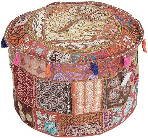 The Harry Creations Decorative Patchwork Comfortable Indian Ottoman Ethnic Cotton Cushion Bean Bag Designs Floor Embroidered Pouf Cover (Brown, 18"x13") - color: Brown, size: 18"x13"
