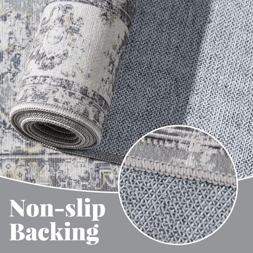 jinchan Fiora Runner Rug 2x5, Distressed Vintage Floral Washable Rug with Low-Pile Surface and Non-Slip Backing, for Entryway Kitchen Laundry Room Indoor Walkways and High-Traffic Areas, Grey - color: Distressed Grey, size: 2' x 5' (Light Weight)