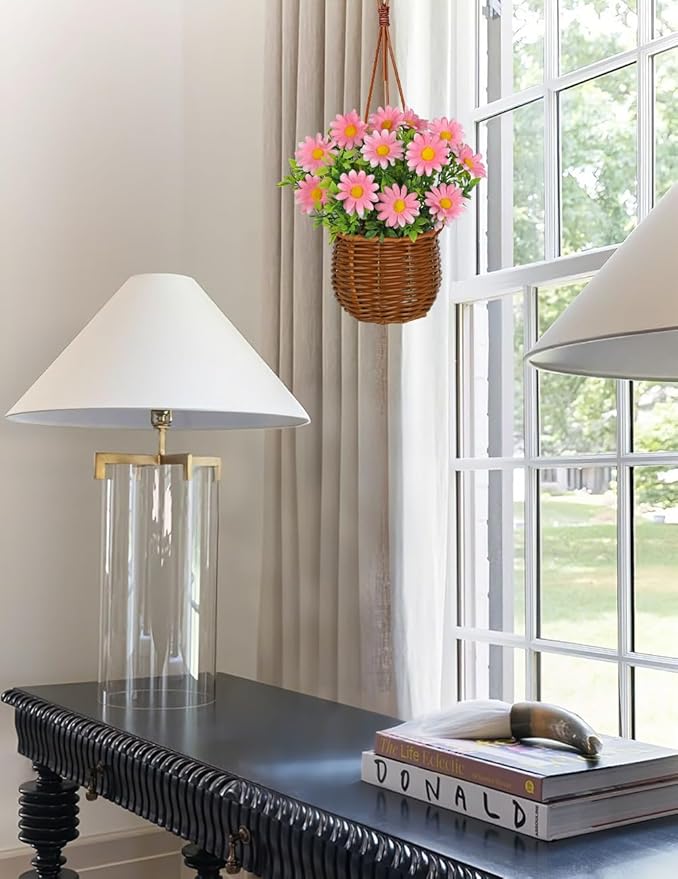 Artificial Daisy Flowers with Hanging Woven Basket, Faux Chrysanthemums in Fake Rattan Planter with Rope, Realistic Floral Arrangement for Home Window Porch Patio Balcony Summer Sweet Decor, Soft Pink