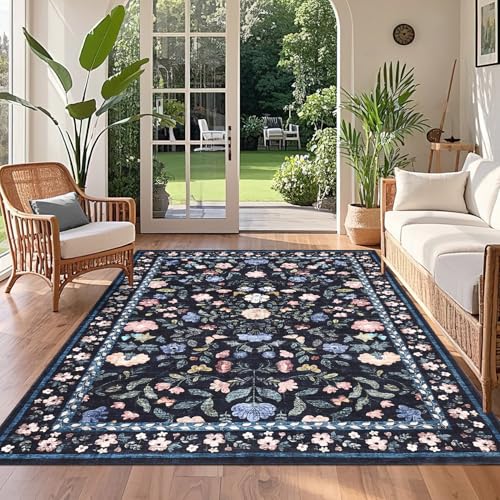 GarveeHome Floral Washable Rug 4x6, Non-Slip Low Pile Botanical Carpet, Vintage Farmhouse Area Rug for Bedroom Nursery Kids Room Home Decor, Dark Grey Blue - color: Dark Grey Blue, size: 4' x 6' (Rectangular)