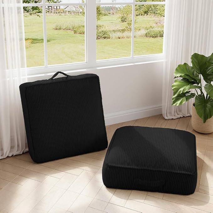 Floor Pillow for Adults Set of 2, 8" Square Floor Cushions with Washable Cover, Large Corduroy Meditation Pillow, 22 inches Tatami Seat with Handle for Living Room or Yoga, Black