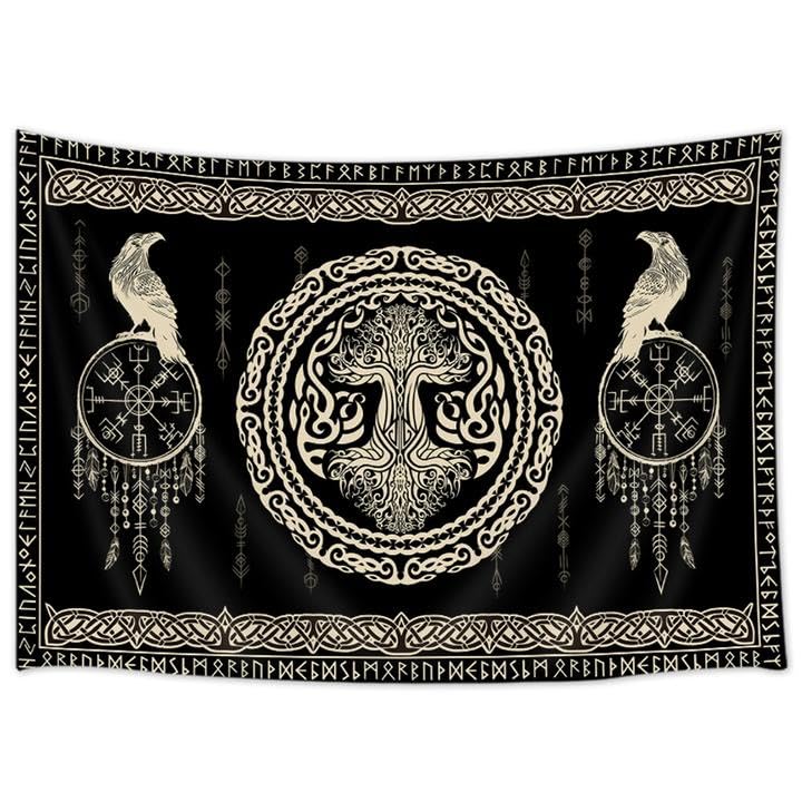 Hajmsug Vikings Tapestry,Black and White Tree Bird of Wisdom Celtic Rune Ancient Rune Totem Norse Mythology Medieval Viking Wall Art,Aesthetic Mythology Tapestry for Bedroom Living Room,40X30 Inch. - color: Black, size: 30"L x 40"W