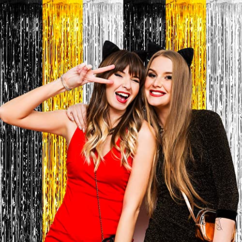 4 Pack Black Gold Silver Foil Fringe Curtain Backdrop, 3.28Ft x 8.2Ft Metallic Tinsel Foil Fringe Streamers for Photo Booth, Wedding, Notorious One Birthday Roaring 20s Graduation Party Decoration - color: Black,Gold,Silver