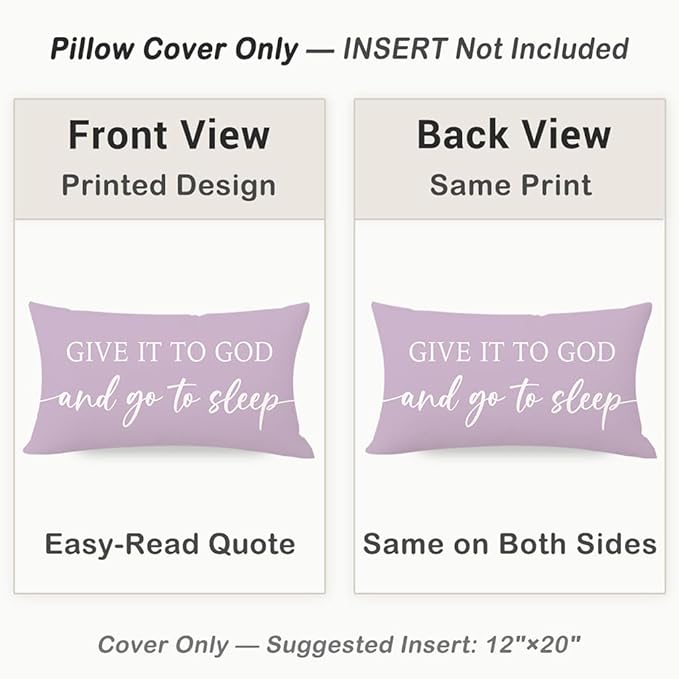 Dusty Lavender Purple Pillow Covers 12x20 Inch Set of 2 – Christian Gifts for Women – Give It to God and Go to Sleep/Relax God’s Got This – Decorative Lumbar Case for Girls’ Room