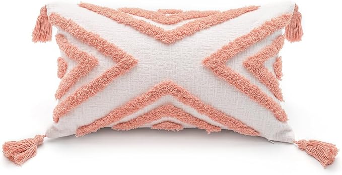 PLWORLD Boho Pink Lumbar Throw Pillow Cover 12x20 Inch with Tassels, Geometric Tufted Cream Chenille Fabric Small Accent Textured Cushion Case for Bed Couch, 1 PC Cover Only No Insert