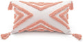 PLWORLD Boho Pink Lumbar Throw Pillow Cover 12x20 Inch with Tassels, Geometric Tufted Cream Chenille Fabric Small Accent Textured Cushion Case for Bed Couch, 1 PC Cover Only No Insert