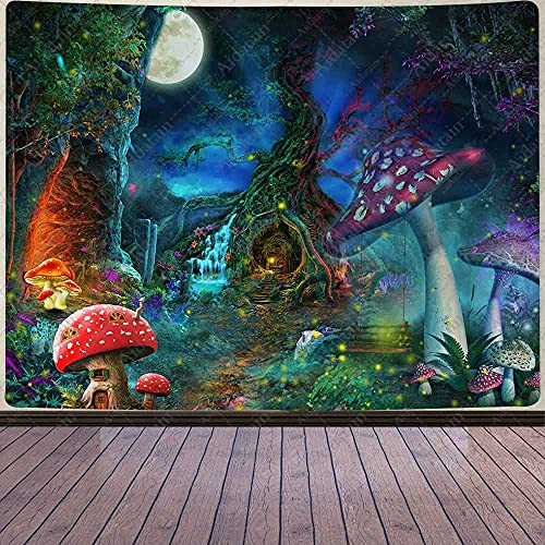 Aidatain Fantasy Mushroom Forest Tapestry for Teen Girl Magical Tree of Life House Full Moon Wall Hanging Fairy Tale World Tapestries Flannel Large Size 80" 60" Wall Decor Bedroom Living Room GTCCAT1 - color: Colorful