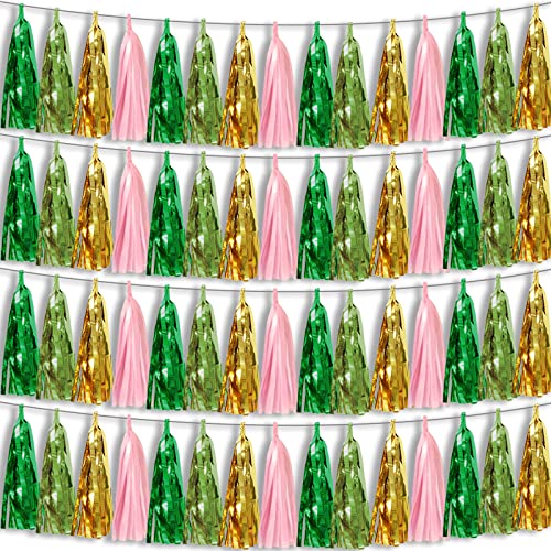4P Sage-Green Pink-Gold Foil Fringe Metallic Tassel Garland, Tassels Banner Streamers for Parade Floats, Bachelorette, Wedding, Birthday, Halloween, Christmas, Bridal/Baby Shower Party Decorations - color: Green Light Green Gold Pink