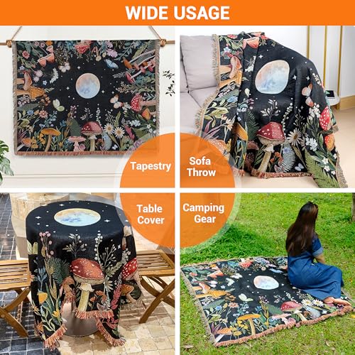 Moonlit Garden Woven Throw Blanket Cotton Moon Boho Throw Blanket with Tassels Boho Chic Decor Reversible Cute Witchy Throws Blankets Multiple Use Blankets Bohemian Tapestry Room Decor Throws 51”x59” - color: Woven Moon Plant