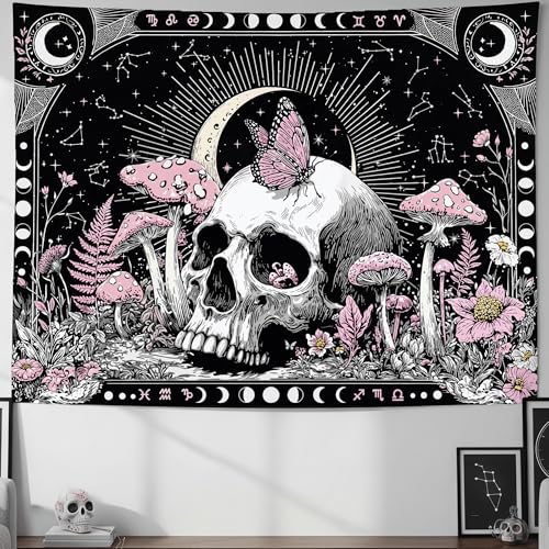 Accnicc Gothic Skull Tapestry Goth Skeleton Butterfly Mushroom Tapestries Wall Hanging Witchy Plant Floral Celestial Constellation Small Tapestry for Bedroom Living Room Dorm 48 x 36 inch - color: Pink White, size: 48"L x 36"W