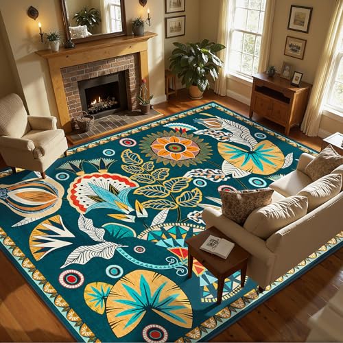 Joydeco Egypt Floral Boho Large Area Rugs for Living Room Nursery, Washable Dark Green Bedroom Rug 8x10 Under Bed, Vintage Non Slip Indoor Throw Carpet for Playroom Dining Room Dorm - color: Dark Green, size: 8' x 10' (Rectangular)