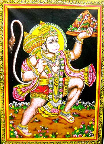 Flying Lord Hanuman Cotton Wall Hanging Painting : Size 43"x30" Inches - color: Hanuman