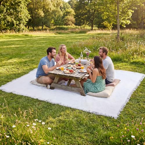 Frienda 72 x 92 Inch Large White Outdoor Picnic Blanket Woven Cotton Yarn Blanket with Fringe and Leather Storage Strap Boho Decor Camping Lawn Wedding Photoshoot Beach Park Grass - color: White, size: 72 x 92 Inch