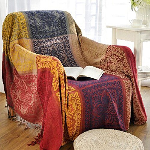 amorus Boho Sofa Cover, Chenille Jacquard Tassels Throw Blankets for Couch Bed, Decorative Sofa Slipcover Protector - Colorful Tribal Pattern (L,86 * 102inch) - color: Colorful Tribal Pattern, size: 86 x 102 in