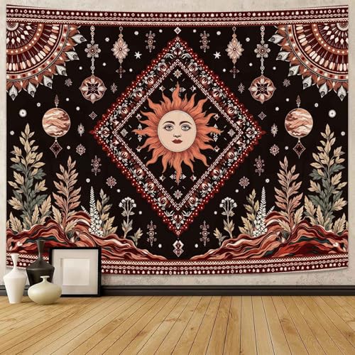Kanuyee Bohemian Sun and Moon Wall Tapestry, Celestial Mystical Tapestries for Room Decor, Nature Landscape Tapestry 80"x60" - color: Brown Red, size: 80"L x 60"W