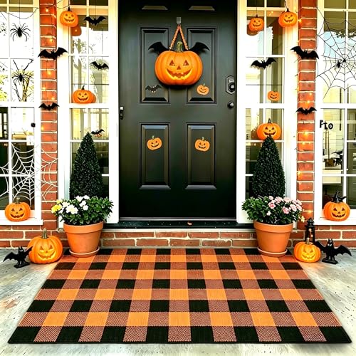 MUBIN Cotton Buffalo Plaid Rug, 3' x 5' Orange Black Outdoor Rug Front Door Decorative Mat, Washable Halloween Doormat Foldable Area Rug Layered Door Mats Rug for Front Porch, Entryway, Patio - color: Orange Black Plaid, size: 3' x 5' (Rectangular)