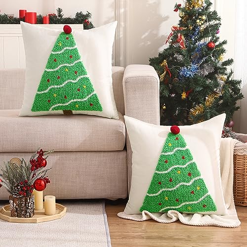 Christmas Tufted Pillow Covers 18 x 18 Inch Set of 2 Green Xmas Tree Throw Pillow Covers Christmas Party Decors Winter Holiday Cushion Case for Sofa Couch Bed Living Room - color: Green Christmas Tree, size: 18" x 18" (Pack of 2)