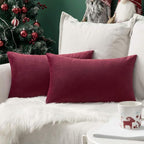 MIULEE Pack of 2 Velvet Soft Solid Decorative Lumbar Rectangle Throw Pillow Covers Cushion Case Home Decor for Sofa Couch Bedroom Car 12x20 Inch Wine Red