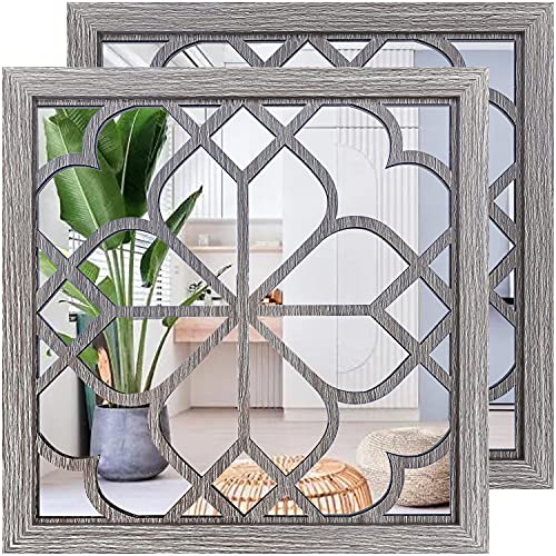 Wocred 2 PCS Square Wall Mirror,Gorgeous Rustic Farmhouse Accent Mirror,Barn Wood Color Entry Mirror for Bathroom Renovation,Bedrooms,Living Rooms and More(20”x20”) - color: Barn Wood Square, size: 20x20 inch - 2 PCS