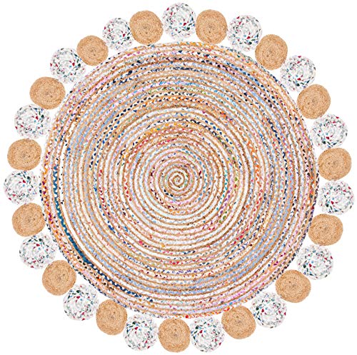SAFAVIEH Cape Cod Collection Area Rug - 3' Round, Beige & Multi, Handmade Boho Braided Jute & Cotton, Ideal for High Traffic Areas in Living Room, Bedroom (CAP201B) - color: Beige/Multi, size: 3' (Round)
