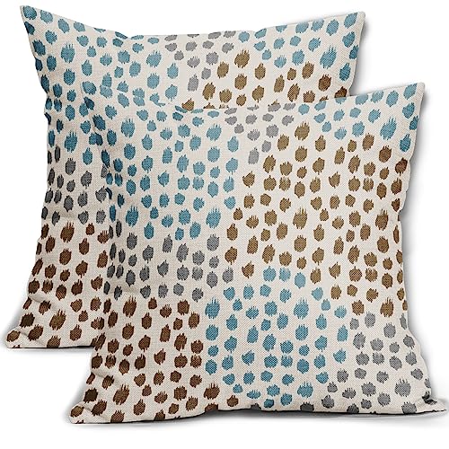 Brown Blue Pillow Covers 16x16 Set of 2 Boho Design Gray Polka Dot Throw Pillows Modern Art Trendy Print Decorative Outdoor Pillowcase Square Cushion Cover Linen Pillow Case for Home Sofa Couch Bed - color: Brown Blue Dots, size: 16" x 16" (Pack of 2)
