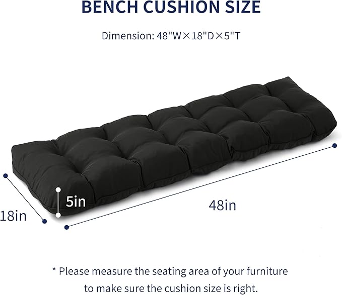 Outdoor Bench Cushion, 48x18x5 Inch, Waterproof Bench Cushion for Outdoor/Indoor Furniture, Tufted Patio Bench Seat Cushion, Fade Resistant Outdoor Cushions for Porch Swing Couch, Black