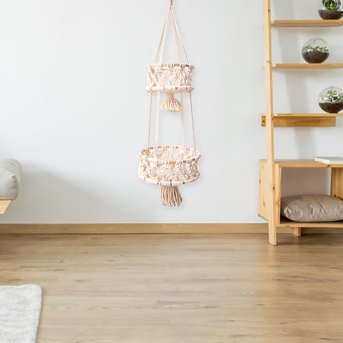 Macrame Plant Hanger - 3 Layer Indoor Flower Basket | Handmade Home Garden Decor Pot Display Storage, Wall Mounted Planter Container for Housewarming Birthday Wedding Office Gift