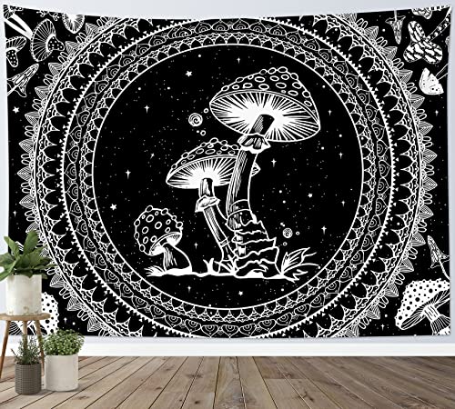 SCECALA Black and White Tapestry Wall Hanging Funny Mushroom with Boho Mandala Pattern Aesthetic Tapestries Vintage Botanical Blanket for Bedroom Living Room Dorm Home Decor 92.5x70.9 Inch - color: Black and White, size: 70.9"L x 92.5"W
