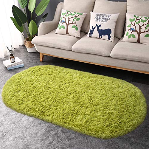 junovo Ultra Soft Washable Shaggy Rug - Non-Slip Oval Carpet for Nursery, Kids Bedroom & Home Decor (2.6x5.3ft Green) | Plush Fluffy Floor Mat for Cozy Living Spaces - color: Green, size: 2.6' x 5.3'