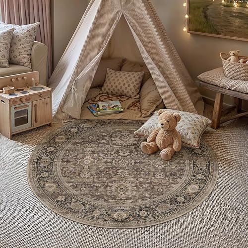 HUGEAR Brown Washable 3x3 Round Area Rugs for Living Room Bedroom Vintage Distressed Neutral Rug Carpet Durable Soft Non Slip & Shedding Stain Resistant Low Pile Indoor Home Decor - color: Retro | Brown, size: 3' (Round)
