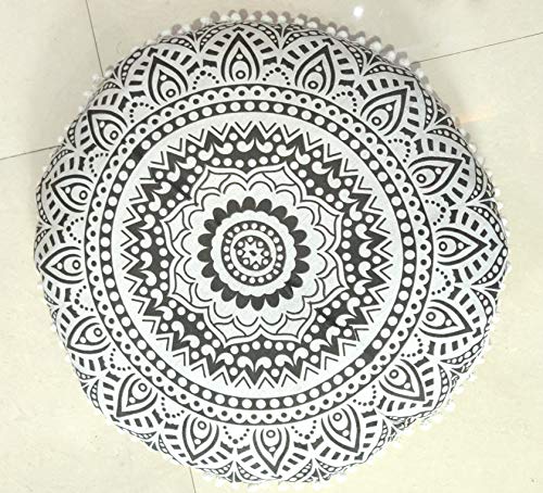 INDIAN CRAFT CASTLE 24" Grey Ombre Mandala Barmeri Large Floor Pillow Cover Cushion Meditation Seating Ottoman Throw Cover Hippie Decorative Zipped Bohemian Pouf Ottoman Pom Pom Cases 24" Round - color: Grey, style: 24 Inch Round