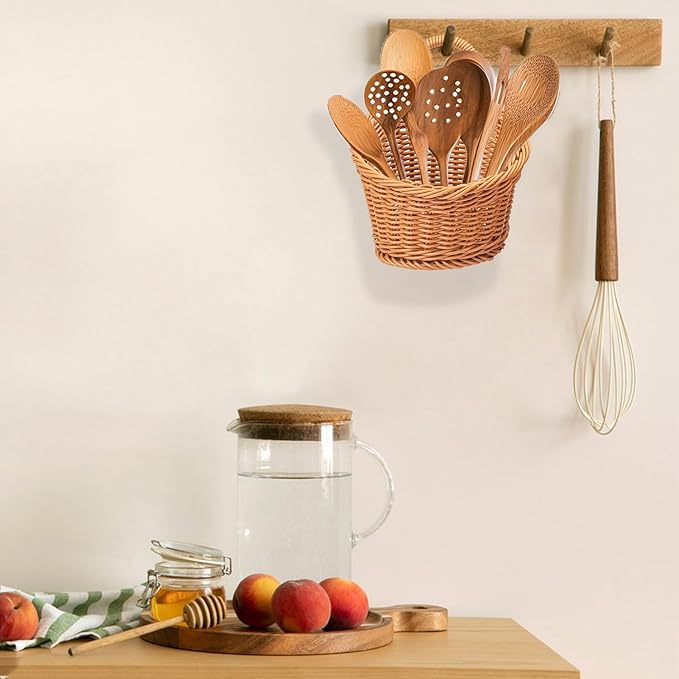 6 Pack 6.3 x 5 inch Woven Hanging Fruit Basket, Wall Hanging Wicker Baskets, Wall fruit Wicker Basket for Kitchen, Planter, Vegetable & Fruit, Boho Home Decor