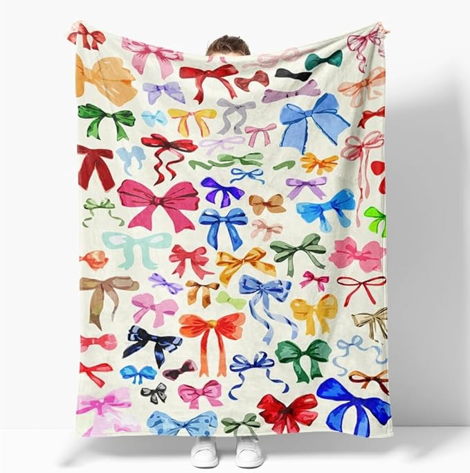 Rainbow Bow Throw Blanket Trendy Preppy Blanket Coquette 70"x80" Flannel Soft Cute Bow Decor Lightweight Aesthetic Plush Room Decor for Sofa Couch Travel Bed Christmas Halloween Decoration