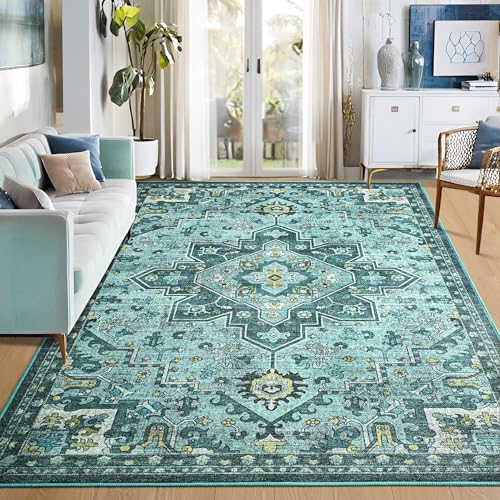 Foxmas 5x7 Area Rugs for Living Room Bedroom, Machine Washable Non-Slip Vintage Rug, Low Pile Throw Rugs with Rubber Backing Washable Carpet for Dining Room Kitchen Home Decor, Teal - color: Teal/Multi, size: 5' X 7' (Rectangular)