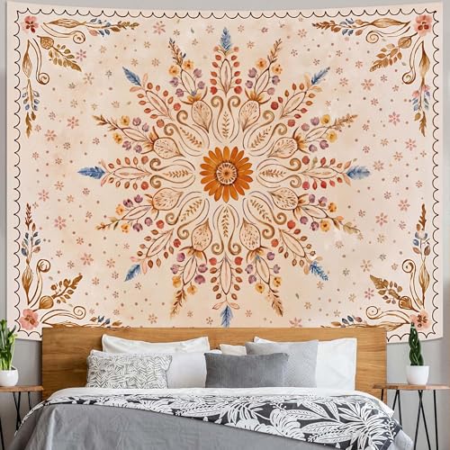 Fowocu Boho Floral Mandala Tapestry for Bedroom Aesthetic Watercolor Bohemian Flower Wall Tapestry Brown Beige Hippie Indian Large Tapestries Wall Hanging for Living Room Dorm Decor 80 x 60 Inch - color: Brown Yellow, size: 80"L x 60"W