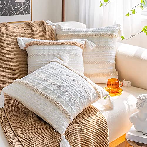 Boho Cotton Handwoven Throw Pillow Covers Tufted Decorative Cushion Covers for Bedroom Living Room Sofa Farmhouse Square Fringed Throw Pillow Case (Cream, 18"x18") - size: 18" x 18" (Pack of 1)