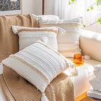 Boho Cotton Handwoven Throw Pillow Covers Tufted Decorative Cushion Covers for Bedroom Living Room Sofa Farmhouse Square Fringed Throw Pillow Case (Cream, 20"x20") - size: 20" x 20" (Pack of 1)
