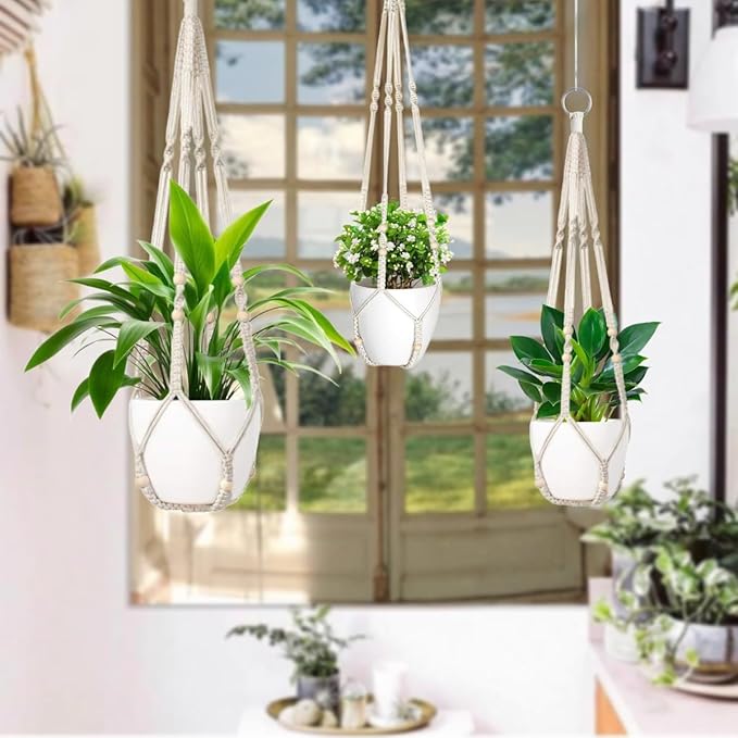 1 Pack Macrame Plant Hanger,Hanging Plant Holder, Boho Home Decor Hanging Basket with Wood Beads,Hanging Planters for Indoor Plants,Plant Hanger Indoor 35" Ivory (POTS NOT Included)