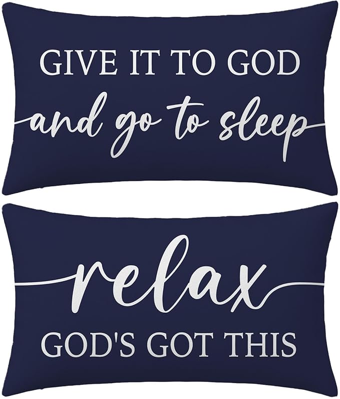 Christian Pillow Covers 12x20 for Bed Set of 2 – Navy Blue Faith Lumbar Cushion Case – Give It to God and Go to Sleep/Relax God’s Got This – Inspirational Gift for Him