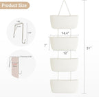 Dahey Over The Door Hanging Basket 4-Tier Woven Boho Wall Mounted Storage Organizer with Hooks for Bedroom Nursery Bathroom Apartments Dorm Pantry Decor, White