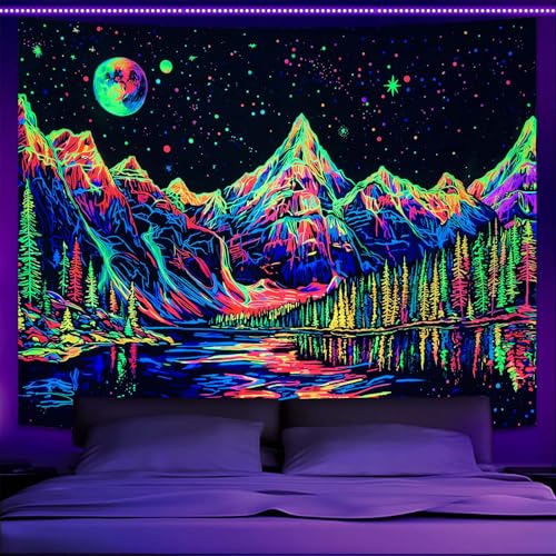 Zussun Blacklight Mountain Forest Tapestry for Bedroom Aesthetic Hippie Pine Tree River Lake Tapestries Wall Hanging Glow in The Dark Moon and Stars Wall Tapestry for Living Room Dorm 48 × 36 Inch - color: Colorful Mountain, size: 48"L x 36"W