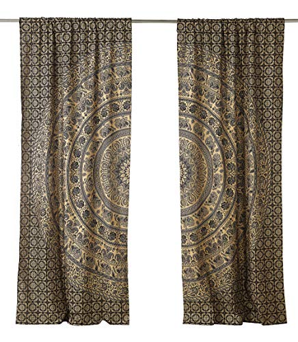 Popular Handicrafts Indian Hippie Bohemian Beautiful Elephant Color Mandala Curtain Panels Black Gold - color: Black Gold, size: 38"W x 83"L (Pack of 2)