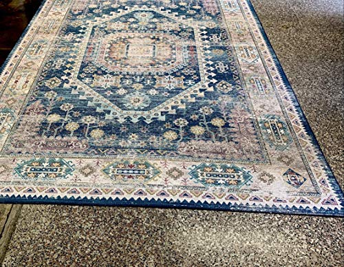 Blue Beige Vintage Faded Distressed Print Style Area Rug/ Carpet