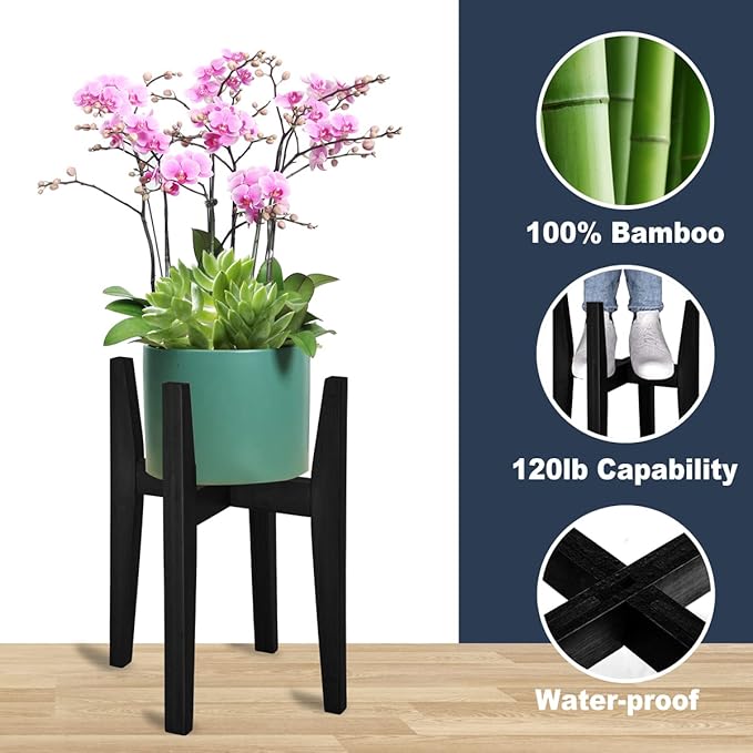 OERGKE 2 PACK Adjustable Plant Stand Indoor, Bamboo Mid Century Modern Plants Stands, Corner Flower Holder for Living Room, Fits 8 to 12 Inches Pots, (Pot & Plant Not Included)(Black)