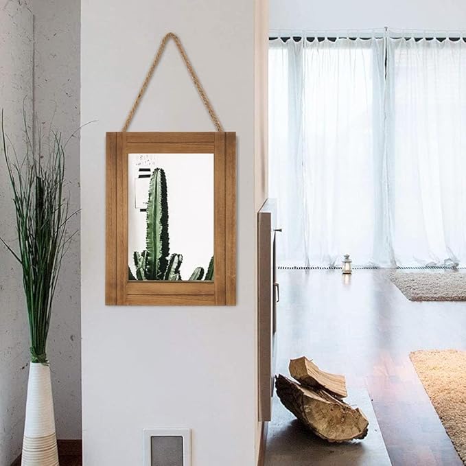 DECORKEY Rectangle Wall Mirror for Bathroom, Distressed White Wood Decor with Hanging Rope for Rustic Home Decor, Vanity, Living Room 12"×16"（Wooden）